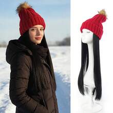 女士冬季保暖长直发假发帽针织帽，逼真黑色合成纤维发丝，适合寒冷天气 - 彩色 - 查看 12