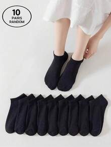 10對黑色平底設計基本款透氣防滑時尚女士短襪