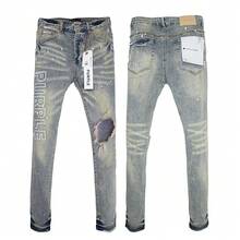 Men's High Street Splashed Ink Hole Letter Logo Print Retro Distressed Yellow Pants - Blue - View 1