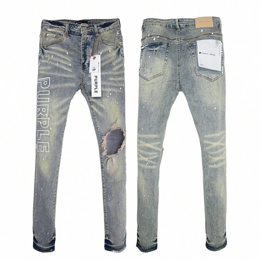 Men's High Street Splashed Ink Hole Letter Logo Print Retro Distressed Yellow Pants - Blue - View 1