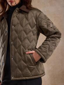 A&A 精美菱形图案绗缝外套，带口袋，冬季外套，风衣，秋季服装，万圣节，商务休闲女装 - 棕色 - 查看 2