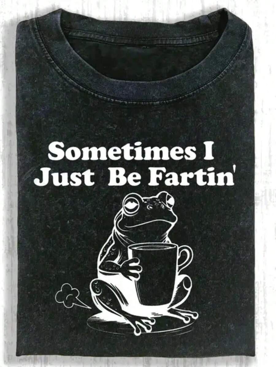 Aspecto rápido-Camiseta de eslogan Vintage de rana y "broma de pedos" para hombres-proceso Batik lavado con ácido Camiseta de algodón lavado negro con estampado "a veces yo sé fartin '", camisa informal de manga corta con cuello redondo para atuendos casuales y Regalos divertidos - Negro - Ver 1
