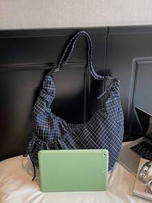 Fashionable Niche Design High-Quality Plaid Drawstring Dumpling Bag, Versatile Daily Commute Shoulder Crossbody Bag - 藍色 - 查看 4