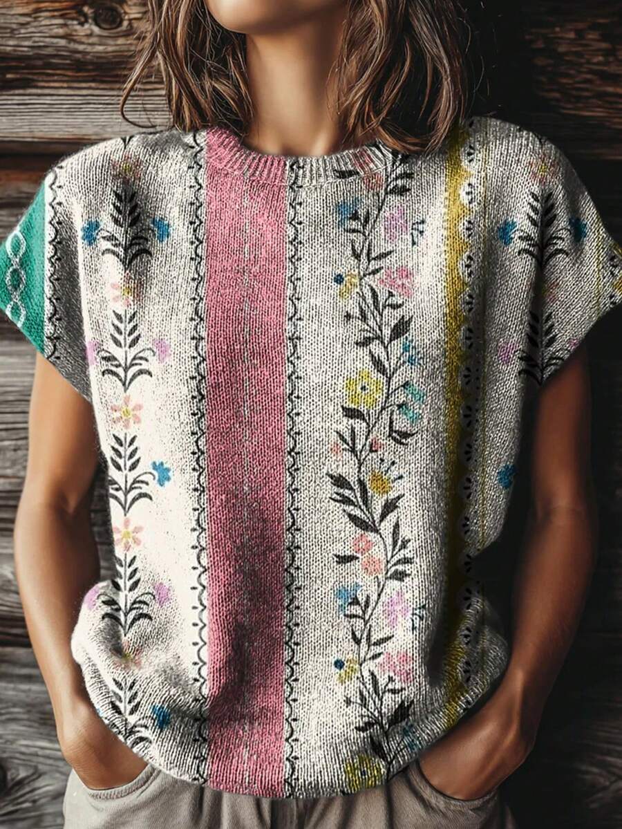 Boho Floral Print Sweater: Round Neck Short Sleeve Pullover For Casual Comfort, Relaxed Style And Everyday Wear For Women. - Mixed Colors - View 1