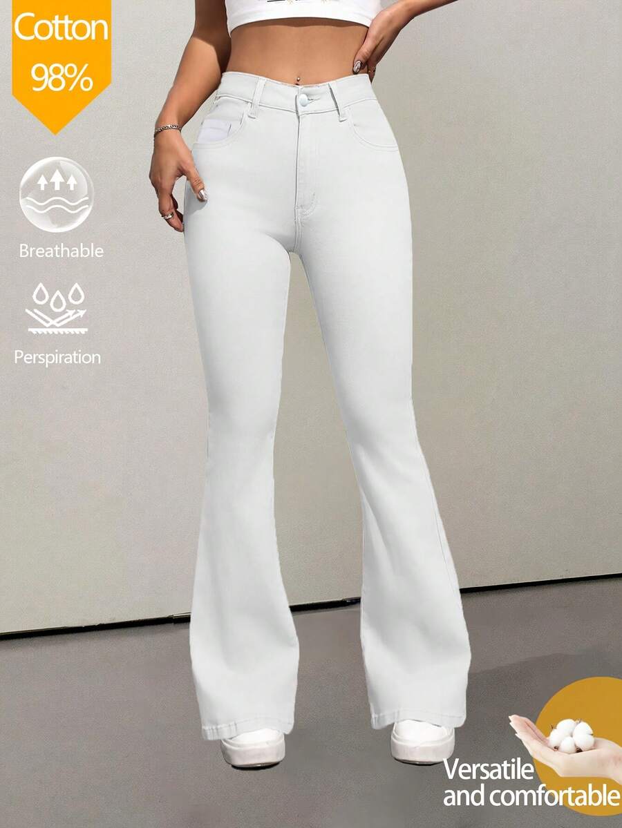 Women White High Waisted Flare Jeans Stretch Slim Fit Butt Lifting Denim Pants Fashion Casual Comfortable Everyday Wear - trắng - Xem 1
