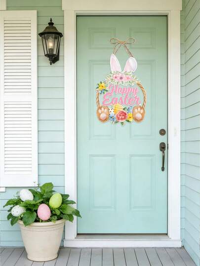 Påskhareskylt, modern vårblommig kanin- och äggdesign, lantlig välkomstdörrhängande dekoration som inte kräver någon elektricitet och är lämplig för heminredning under påsk- och vårfiranden, påskdekoration för verandan