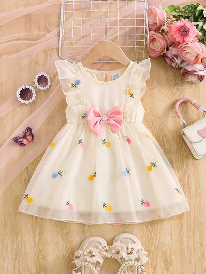 女婴夏季蝴蝶结刺绣网纱连衣裙，优雅女婴可爱时尚无袖及膝裙，户外度假花卉刺绣薄纱连衣裙