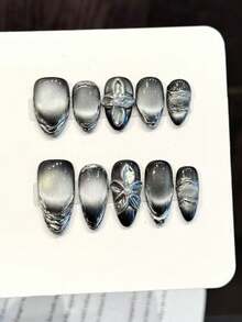 10PCS Almond Handmade Press On Nails For Party And Daily Wear ,Silver Black Color Nails,Almond Nails,Flower,Easy To Wear10pcs Y2K Handmade Press On Nails,Suitable For Girls And Women Festivals Parties And Daily Wear Nail Supplies - Black - View 11