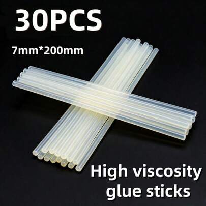 30支7mm*200mm高粘度热熔胶棒，适用于DIY项目、家居维修、手工艺品制作——圣诞节、节日礼品包装，快速粘合，多用途工具