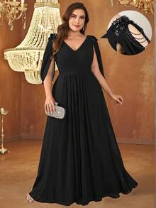 EVERPRETTY Plus Size V Neck Embellished Petal Sleeve Long Formal Dress Vintage Flared Hem Party Dresses Black Evening Dresses For Women