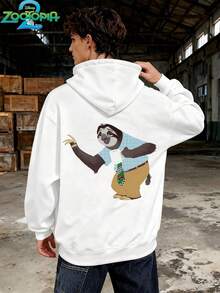 Disney Zootopia Series Stylish Stitch Print Hoodie, Men's Loose Fit Long Sleeve Drawstring Hoodie, Print Autumn/Winter Hoodie (Men's Pullover Hoodie, Black Hoodie, White Hoodie, Winter Hoodie, Gray Hoodie, Men's Winter Hoodie, Plus Size Hoodie) - White - View 4