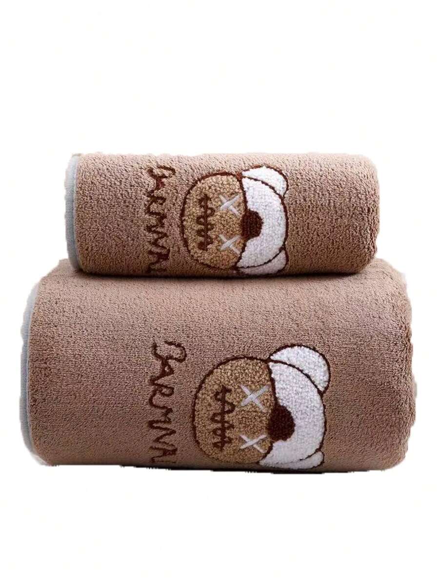 1 Set Skin-Friendly Soft Absorbent Towel, 35*75cm Hand Towel & 70*140cm Bath Towel, Unisex - Brown Bear Head - View 1