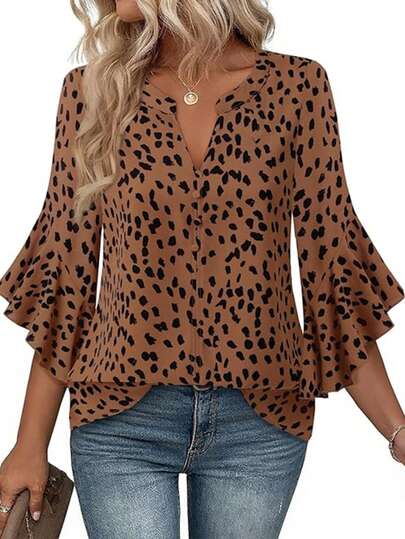 Blusa de mujer con estampado de leopardo, mangas 3/4, Body fruncido y volantes en el borde - Camisa con cuello en V y botones delanteros para oficina, trabajo, hogar, vacaciones y uso diario, ligera para primavera y verano