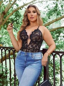 性感无裆内衣，女士蕾丝深V领性感连体衣，私密诱人睡衣，可调节肩带蕾丝印花吊带