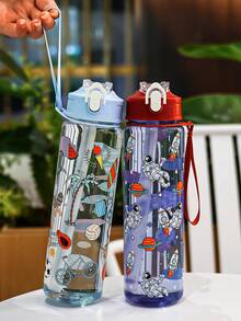 1pc 750ml/26oz Cute Cartoon Pattern Straw Water Bottle, Lightweight, Durable, Suitable For Camping, Running, Daily Use, Holiday & Birthday Gift - Multicolor - View 2