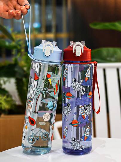 1pc 750ml/26oz Cute Cartoon Pattern Straw Water Bottle, Lightweight, Compact And Durable, Suitable For Students, Children, Families, Camping, Fitness, School, Running, Daily Commute, Holiday & Birthday Gift