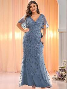 EVERPRETTY 优雅网纱花卉亮片美人鱼派对礼服，正式优雅的淡蓝色晚礼服，大码女士春季正式舞会礼服，适合婚礼宾客，也适合情人节正式晚宴