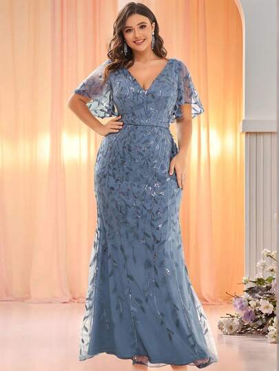 EVERPRETTY Elegante vestido de fiesta de sirena con malla, lentejuelas y flores, vestido de noche elegante de color azul polvoriento, vestido de gala formal de primavera para mujer de talla grande, adecuado para cena formal del Día de San Valentín