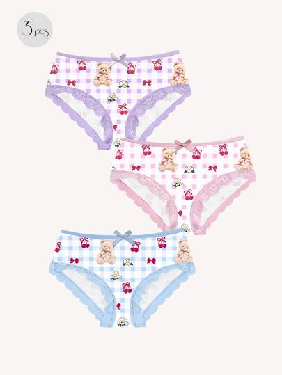 Aesletic 3pcs Colorful Cute Bear Plaid Print Fashion Comfortable Women Lace Patchwork Panties Set