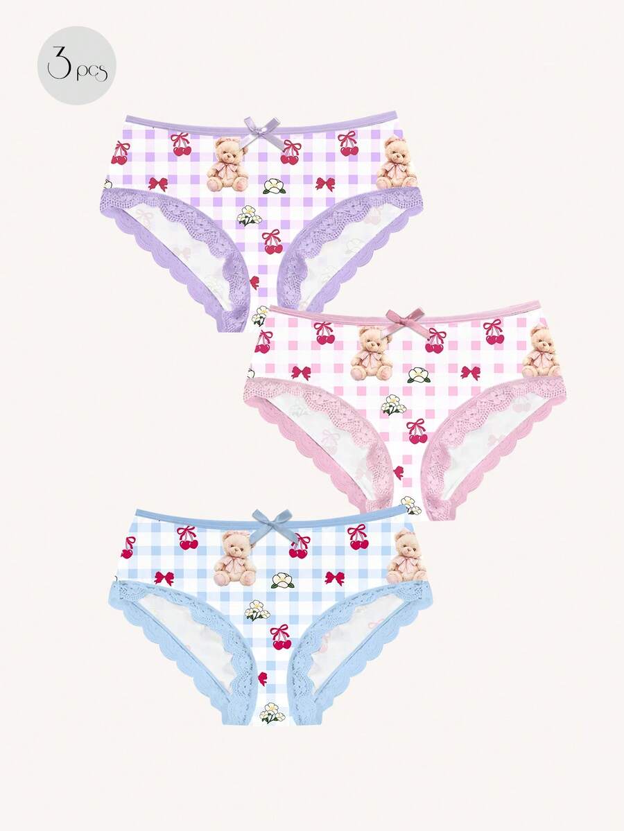 Aesletic 3pcs Colorful Cute Bear Plaid Print Fashion Comfortable Women Lace Patchwork Panties Set - Multicolor - View 1