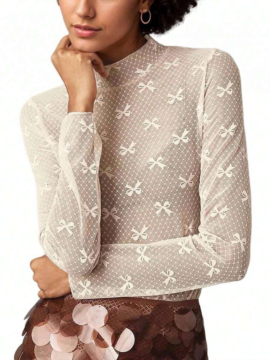 Women Spring Slimming Mesh Tops Long Sleeve Mock Neck Bow Print T-Shirt - Apricot - View 1