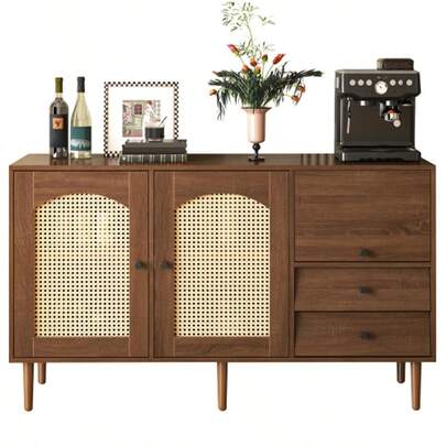 Country-Style Sideboard With Rattan Doors – 130 X 75.5 X 40 Cm – Magnetic Closure, Adjustable Shelves, Stable Structure – Elegant And Versatile Design [OLD SKU:WF298018019NAA]