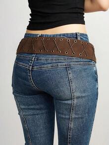 1pc Western Cowgirl Boho Style Women's Belt, Boho Belt, Western Belt, Gothic Velvet Patchwork Belt, Women's Fashion Accessory, Autumn/Winter Coffee & Antique Bronze Floral Oval Belt, Dress Accessory, Party, Beach, Music Festival, Y2K Style Belt, Valentine's Day - Coffee - View 11