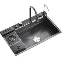 Stainless Steel 304 Gourmet Kitchen Sink (80x40 Cm) With Smart Waterfall Faucet And Accessories. - D68-灰色 - 查看 3