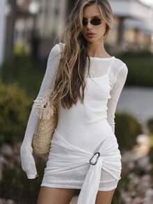 Summer Solid Color Elegant Casual Pleated Twist Bodycon Dress White - White - View 2