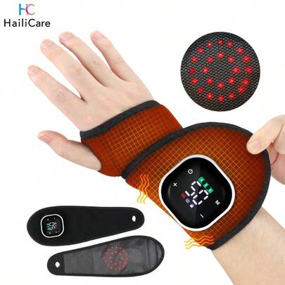 Hailicare Almohadilla de calentamiento inalámbrica para mano y muñeca para alivio del síndrome del túnel carpiano. Muñequera térmica recargable con 5 niveles de calor, 3 niveles de vibración y luz roja portátil para masaje de muñeca sin cable.