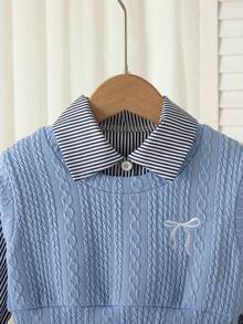 Young Girls School Uniform Bow Embroidery Knit Vest + Striped Long Sleeve Collared Shirt Dress 2-Piece Set - Dusty Blue - View 4