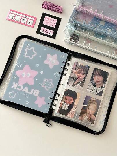 Classeur à 6 anneaux compatible A5 avec ciel étoilé transparent et laser, avec fermeture éclair en PVC brillant. Pages transparentes avec design d'étoiles scintillantes. Rangement photo durable, fournitures scolaires, journal décoratif, album photo. Reliure à feuilles mobiles, porte-cartes