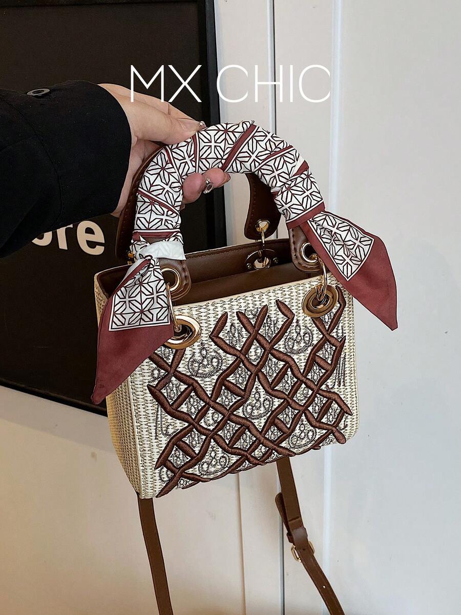1 Peça Bolsa Bordada Feminina com Decoração de Lenço Colorido na Moda, Bolsa Transversal Clássica Adequada para Ir ao Trabalho, Compras e Presente