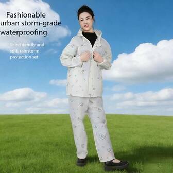 1 Set Women's Detachable Double-Brim High-End Cartoon Print Raincoat And Pants Set, With Hood, PVC Material, Sporty Style, Suitable For Outdoor Hiking, Cycling, Delivery, Labor Protection, Electric Bike