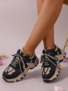 Women's Patchwork Casual Platform Sneakers, Wedge Heel Chunky Sneakers - 黑色 - 查看 11