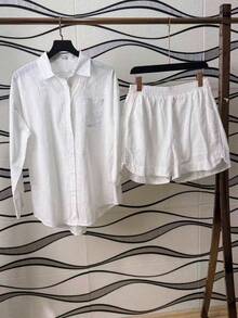 Two-Piece Linen Shirt And Shorts Set, Lined With Elastic. Summer Vacation: Perfect For Celebrating Christmas, New Year's Eve And New Year In Brazil! - 亞麻白 - 查看 1