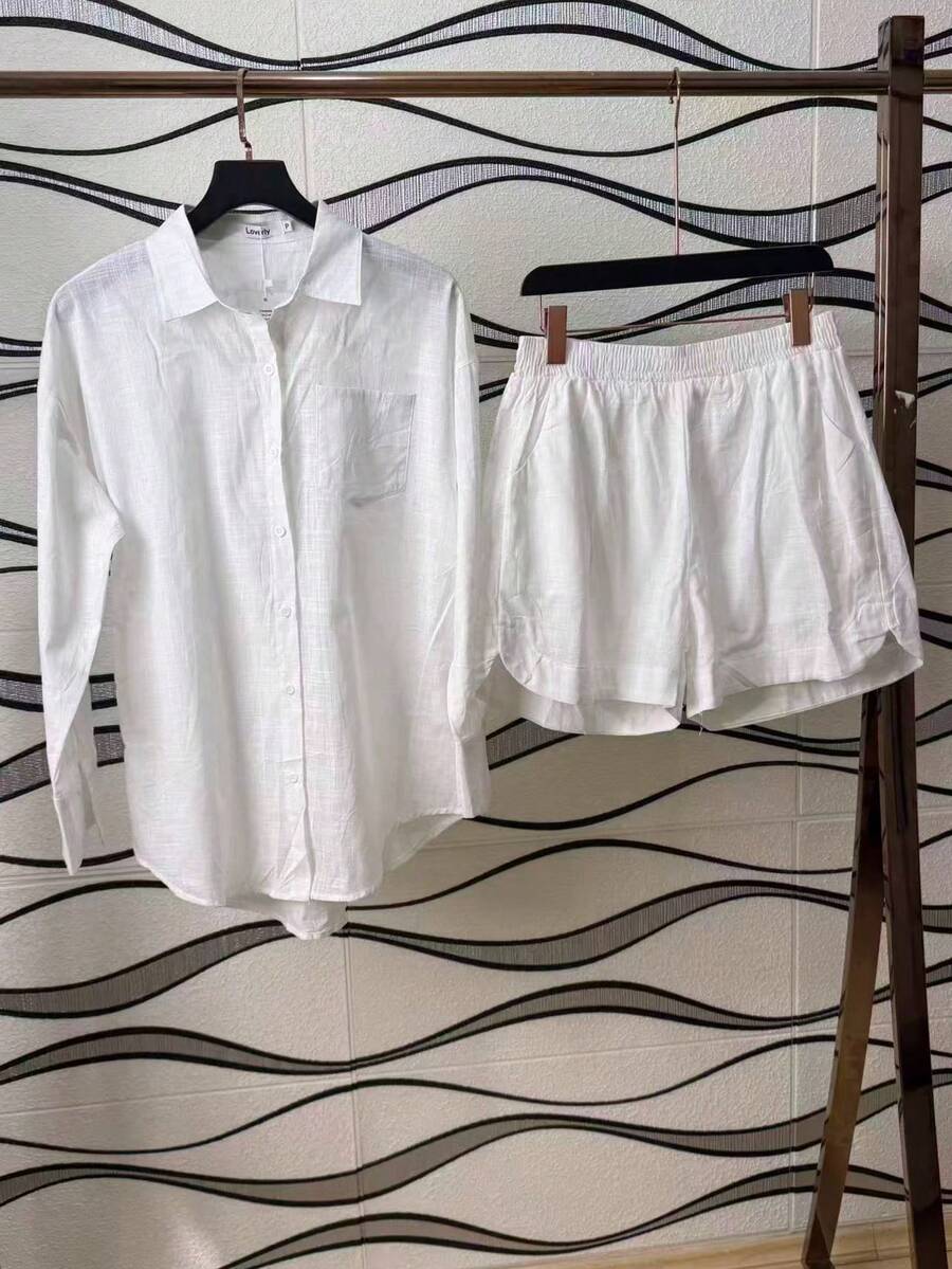Two-Piece Linen Shirt And Shorts Set, Lined With Elastic. Summer Vacation: Perfect For Celebrating Christmas, New Year's Eve And New Year In Brazil! - 亞麻白 - 查看 1