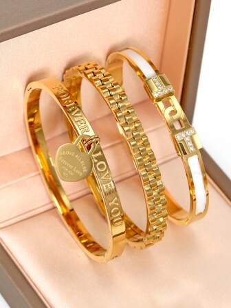 18K Gold Plated Stainless Steel Heart Bracelet, Suitable For Women's Daily Wear, Classic European And American Popular Double Heart, Letter, Geometric Element Design Style, Generous Personalized Luxury Casual Wrist Love Jewelry, Wedding Jewelry Set, Girls, Women, Mothers, Relatives, Friends, Beautiful Wedding, Birthday, Valentine's Day, Mother's Day Gift.