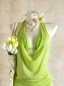 2026新款欧美风霓虹绿垂褶领紧身连衣裙，性感露背褶皱修身连衣裙，女士三件套比基尼 - 青檸色 - 查看 6