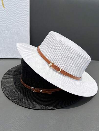 Straw Wide Brim Sun Protection Flat Top Hat, Vintage French Minimalist Style For Beach Travel, Summer