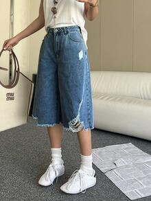 女士不对称下摆做旧牛仔七分裤，春夏休闲款 - 中等水洗藍 - 查看 5