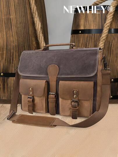 NEWHEY Bolsa mensageiro de couro impermeável para laptop masculino de 15,6 polegadas, bolsa de ombro, pasta executiva, mochila de lona vintage, bolsa para escritório