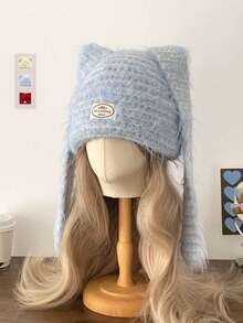 Cute Bunny Ear Beanie, Knitted Hat With Long Bunny Ears For Women, Warm Ear Protection Beanie, Sweet Adorable Rabbit Ear Design, Versatile For Autumn/Winter, Suitable For Students, Couples, Pink Rabbit Ear Knit Hat, Warm Knit Hat With Drooping Ears, Autumn/Winter Knit Hat With Letter Patch - Long Rabbit Ears With Long Fur - View 1