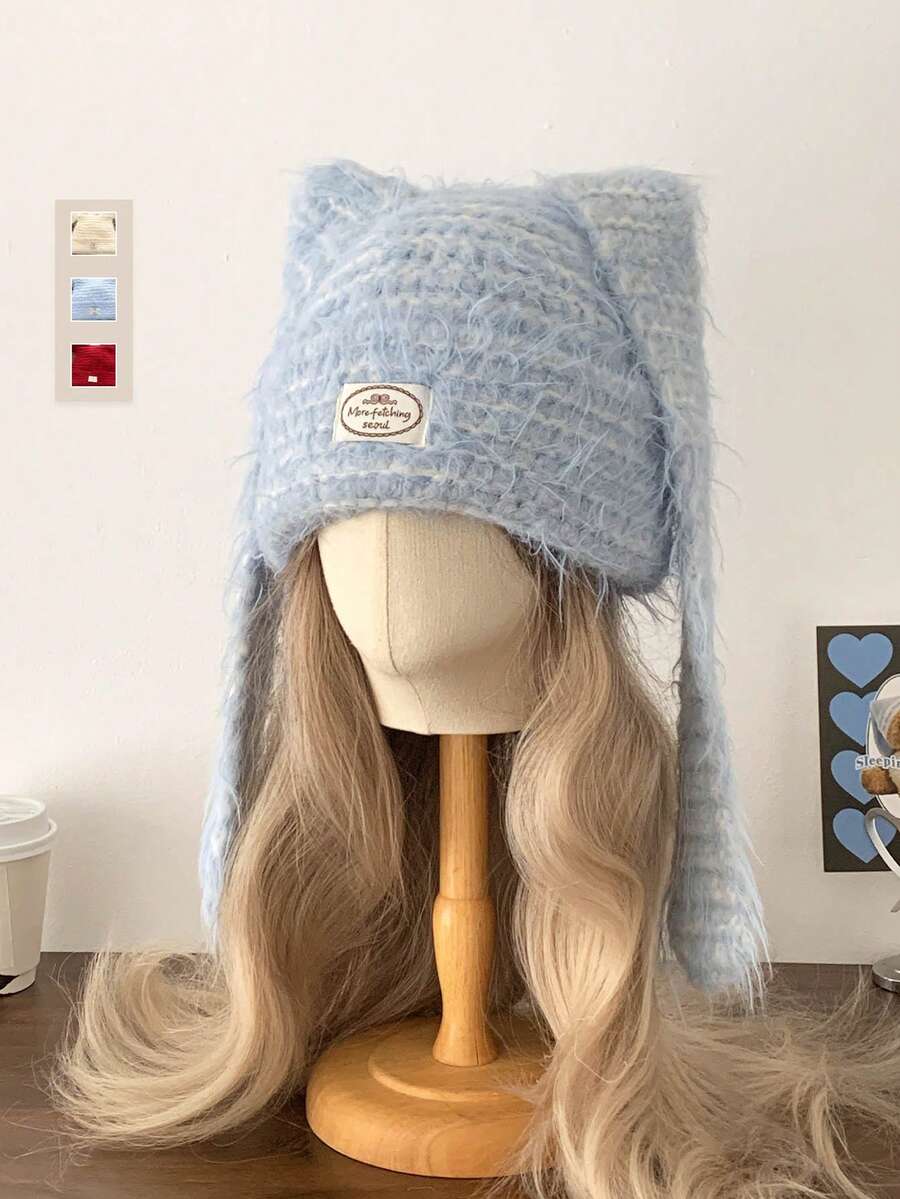 Cute Bunny Ear Beanie, Knitted Hat With Long Bunny Ears For Women, Warm Ear Protection Beanie, Sweet Adorable Rabbit Ear Design, Versatile For Autumn/Winter, Suitable For Students, Couples, Pink Rabbit Ear Knit Hat, Warm Knit Hat With Drooping Ears, Autumn/Winter Knit Hat With Letter Patch - Long Rabbit Ears With Long Fur - View 1