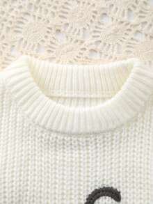 可爱又蓬松！乳白色女婴毛衣，饰有“大姐姐”字母刺绣和花朵点缀，柔软可爱，是甜美小宝贝的必备单品。 - 白色 - 查看 2