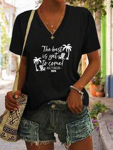 Women's Casual Short Sleeve V-Neck T-Shirt - "The Best Is Yet To Come" 2024 Retirement Pattern Print, Loose H-Shaped Top Suitable For Spring, Summer, And Autumn, Machine Washable, Summer Theme Clothing, Comfortable Fabric - màu đen - Xem 6