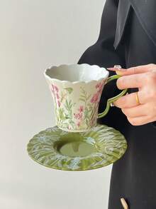 1pc Floral Design Coffee Cup & Saucer Set, High-Quality Ceramic Mug, Breakfast/Milk Cup, Birthday/Housewarming Gift For Her - Multicolor - View 12