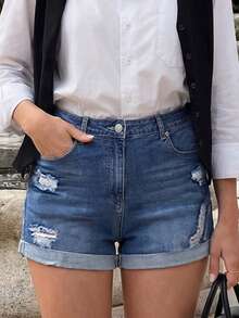 Short en jean délavé et déchiré avec poches, polyvalent pour les déplacements quotidiens - Bleu azur - Voir 6