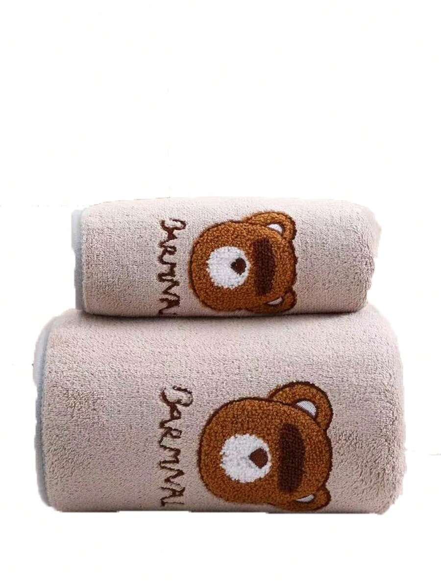 1 Set Skin-Friendly Soft Absorbent Towel, 35*75cm Hand Towel & 70*140cm Bath Towel, Unisex - Camel-colored Bear Head - View 1