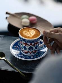 200ml Turkish Ceramic Coffee Cup & Saucer Set, Latte Art Cup, Iced Drink/Juice Cup, Suitable For Daily Use, Family Gatherings, Holidays And Birthday Gifts - Multicolor - View 9